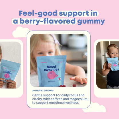 JoySpring Mood Munchies Saffron Gummies for Kids 4+ | Saffron Extract with GABA, Passion Flower & St Johns Wort | Sugar Free Vegan Brain Support & Kids Focus Gummies | Crafted in USA | Shapes May Vary