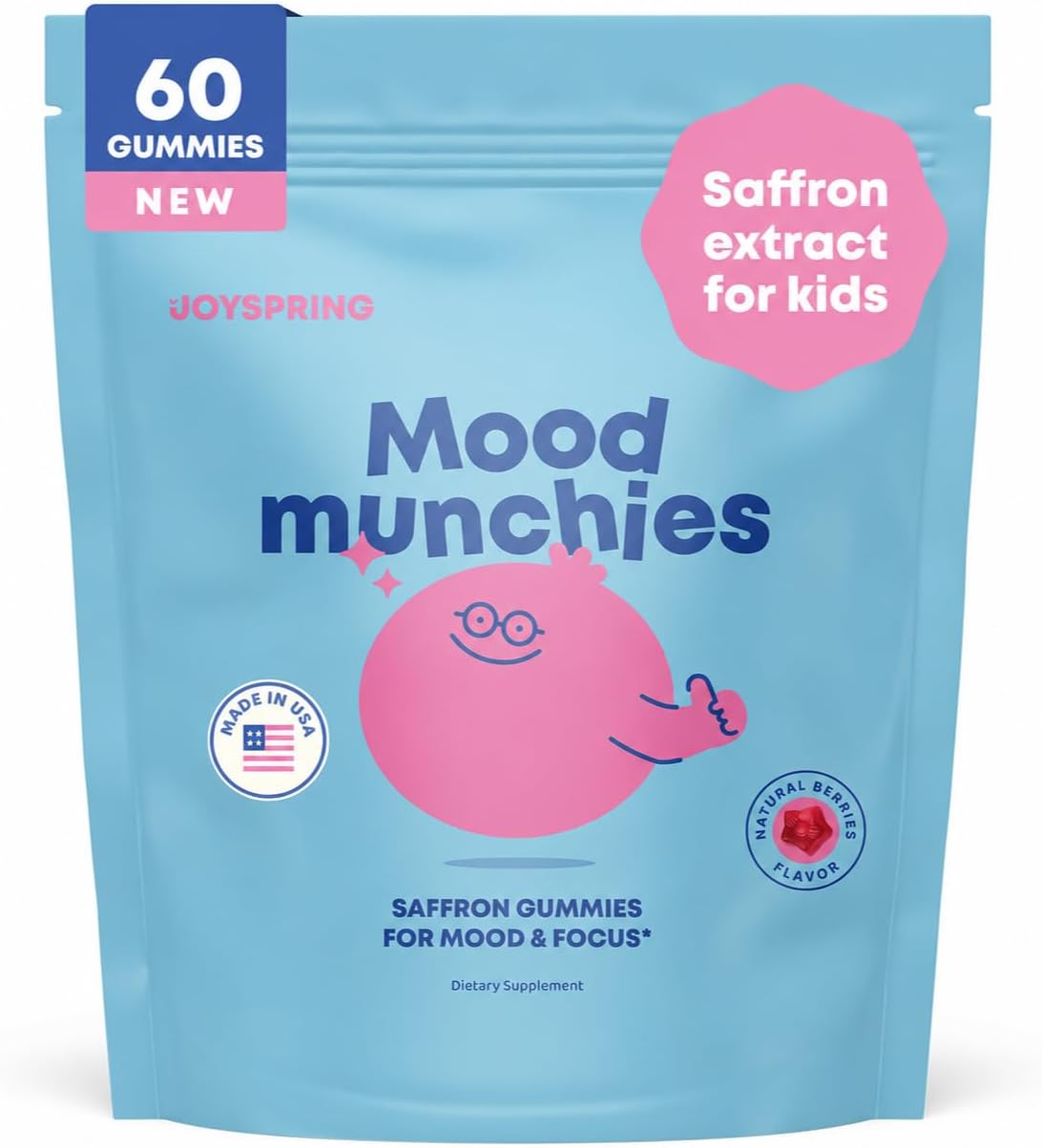 JoySpring Mood Munchies Saffron Gummies for Kids 4+ | Saffron Extract with GABA, Passion Flower & St Johns Wort | Sugar Free Vegan Brain Support & Kids Focus Gummies | Crafted in USA | Shapes May Vary