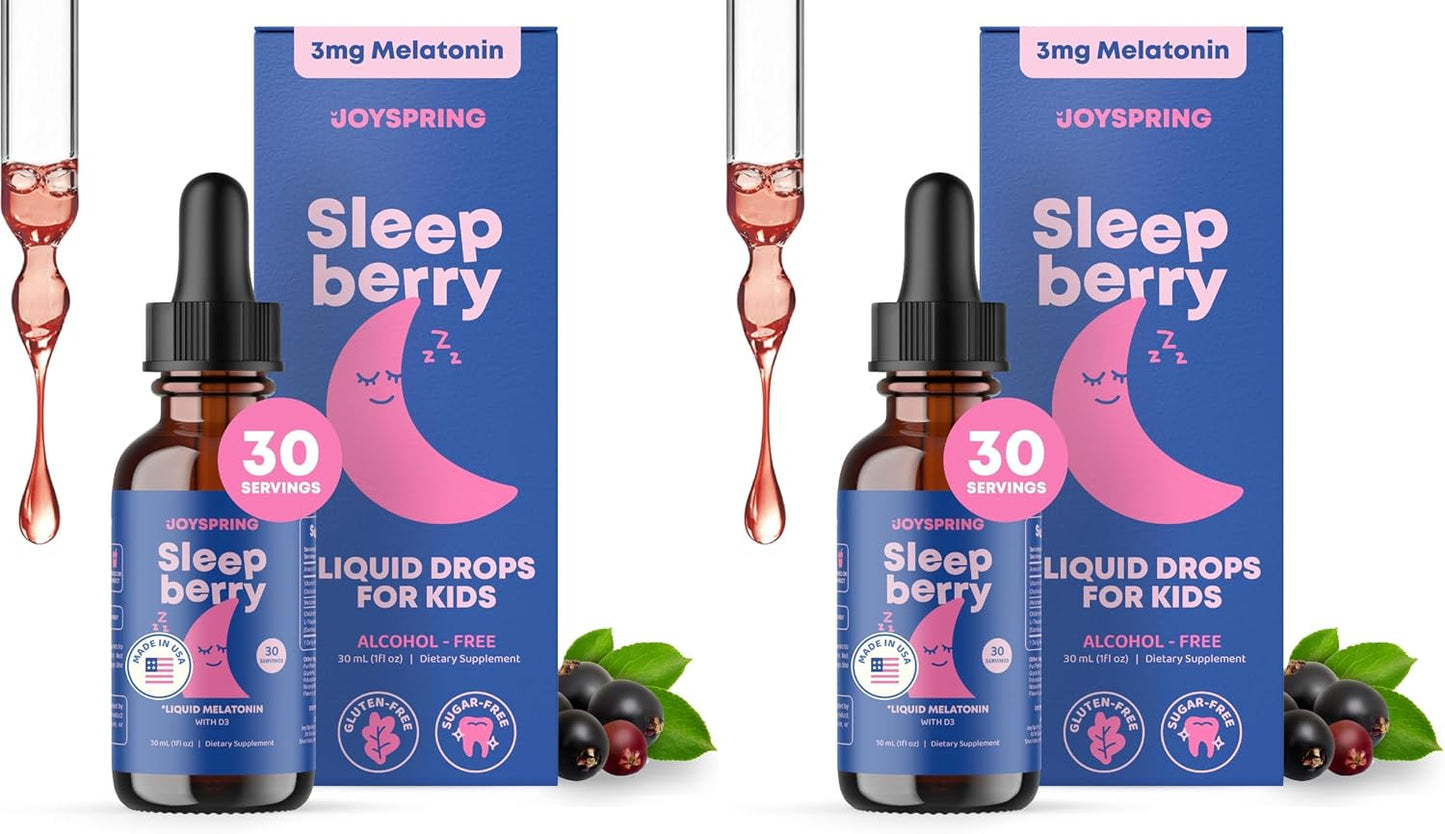 JoySpring Sleepberry Kids Melatonin 3 mg – Liquid Sleep Aid with L Theanine, High Absorption Berry Drops (2 fl oz) 60 Servings, Children's Melatonin with Vitamin D Kids Travel Essentials