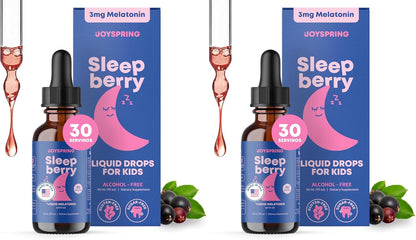 JoySpring Sleepberry Kids Melatonin 3 mg – Liquid Sleep Aid with L Theanine, High Absorption Berry Drops (2 fl oz) 60 Servings, Children's Melatonin with Vitamin D Kids Travel Essentials