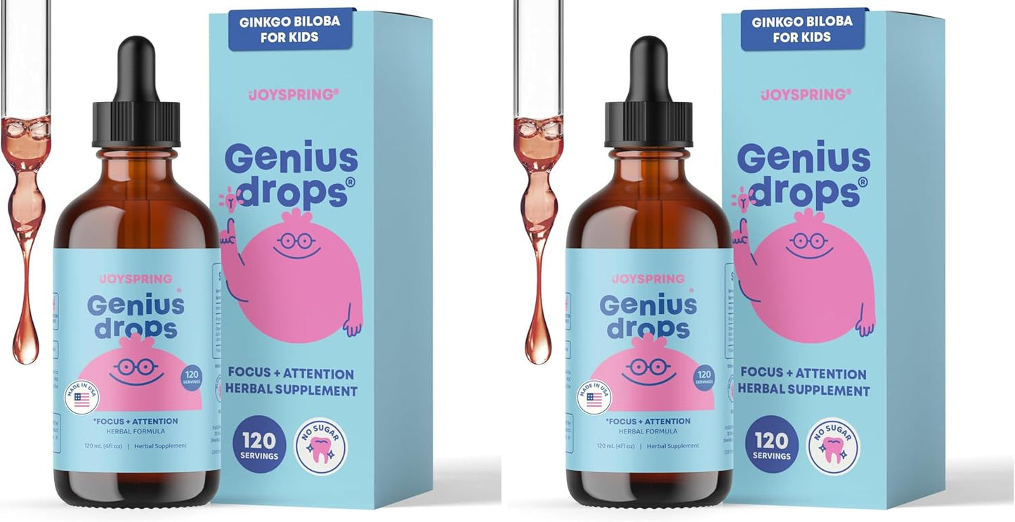 JoySpring Genius Drops for Kids | Clinically Proven Focus Supplement | Liquid Herbal Focus Supplement with Ginkgo Biloba for Kids (1 fl oz) 30 Servings