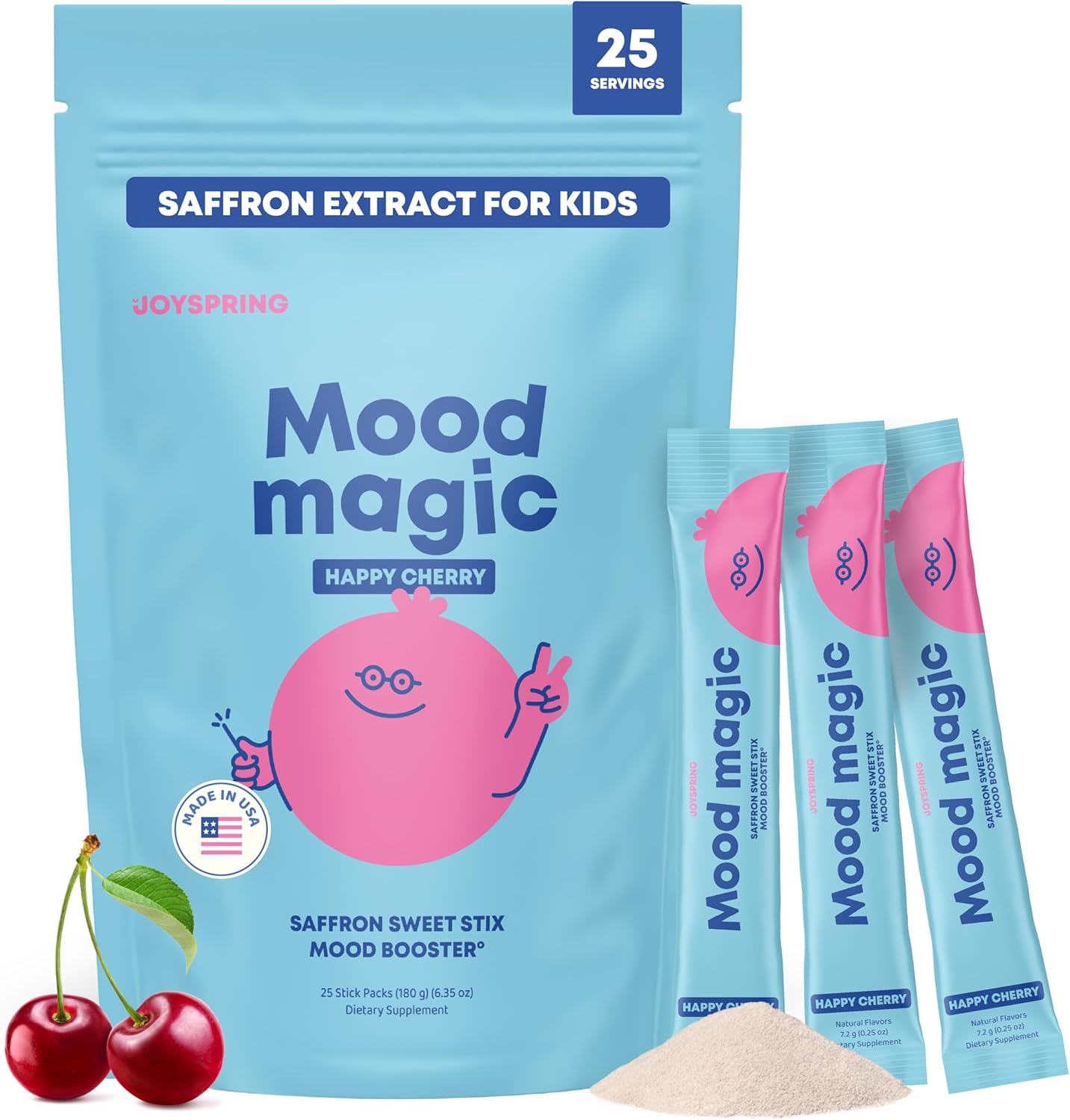 JoySpring Mood Magic for Kids – Natural Mood Support Pixie Sticks Candy with Saffron Extract, Magnesium Citrate & Vitamin D3 | Sugar-Free Powder Drink or Candy | 25 Servings | 4+ Years