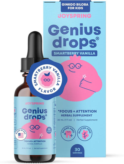 JoySpring Genius Drops for Kids | Clinically Proven Focus Supplement | Liquid Herbal Focus Supplement with Ginkgo Biloba for Kids (1 fl oz) 30 Servings