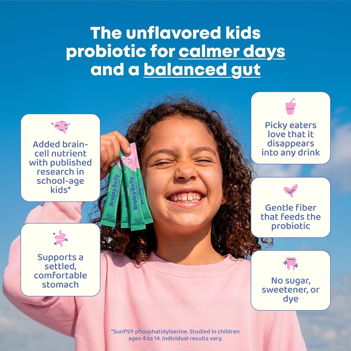 JoySpring BrainyBelly Kids Probiotic, Brain & Gut Support, Unflavored | SunPS phosphatidylserine + 2 probiotic strains. Sugar-free, dye-free, vegan powder stick. Stir into any drink. 30 ct, ages 4+