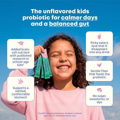JoySpring BrainyBelly Kids Probiotic, Brain & Gut Support, Unflavored | SunPS phosphatidylserine + 2 probiotic strains. Sugar-free, dye-free, vegan powder stick. Stir into any drink. 30 ct, ages 4+